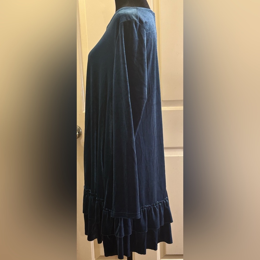 Easel Velour Dark Teal Ruffle Dress Raw Edge Ruffles at Bottom - Picture 3 of 8